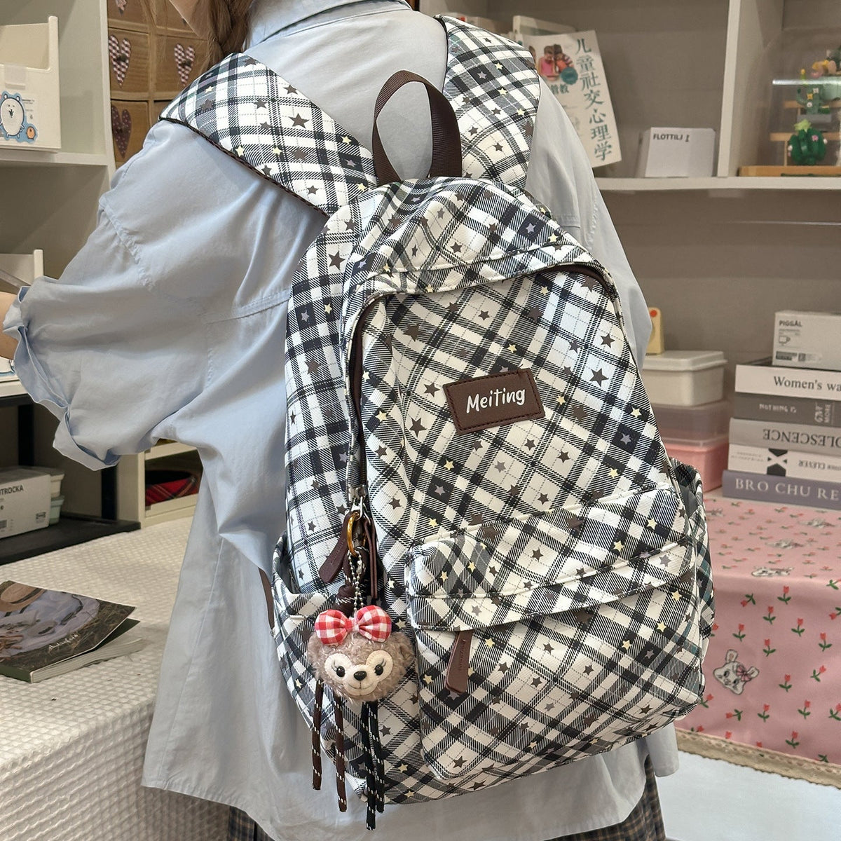 Plaid Pattern Casual Backpack LoungeYard — product view 3
