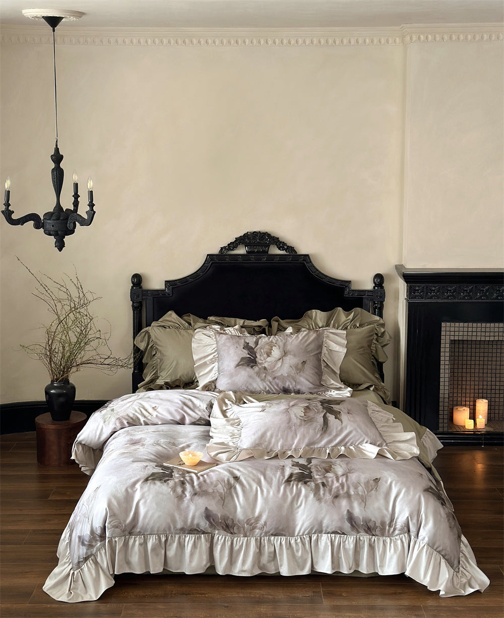 Luxurious satin bedding set with ruffles and watercolor flowers — product view 6