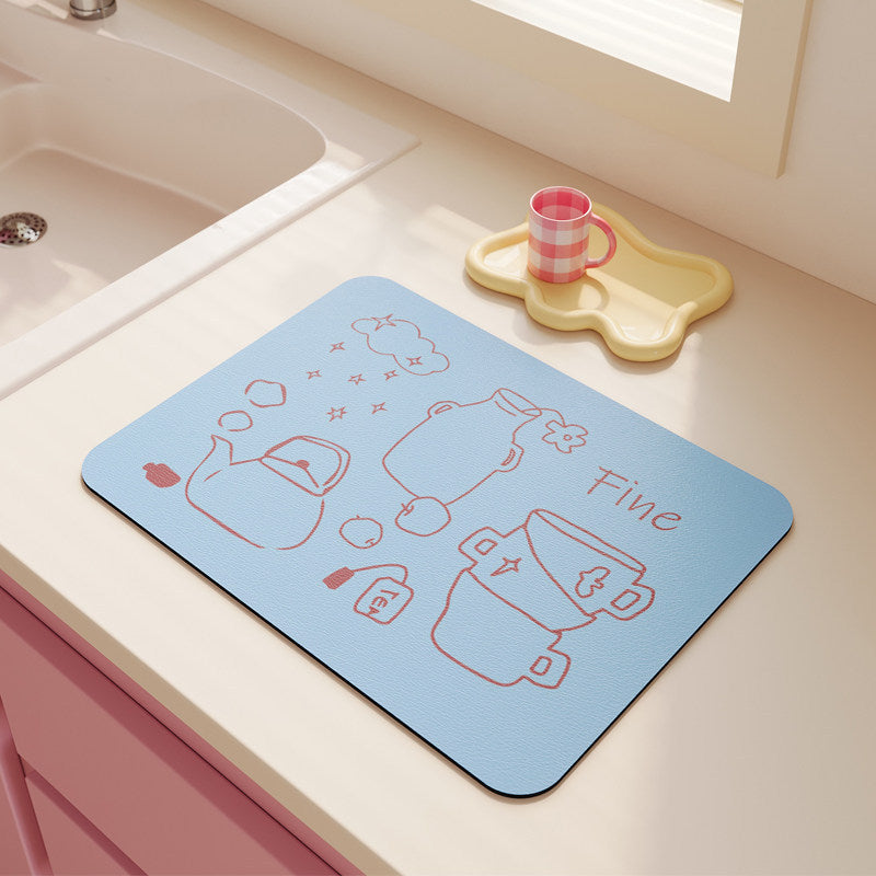 Non-Slip Heat-Resistant Kitchen Dish Drying Mat with Cute Tea Doodle Print — product view 3