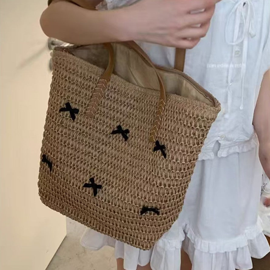 Braided Bast Bag with Decorative Bow Design LoungeYard — product view 2