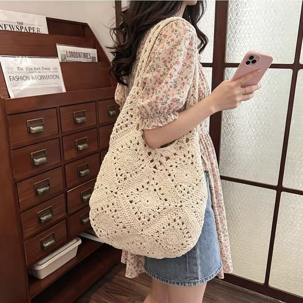 Shoulder bag with unique crochet pattern LoungeYard — product view 1