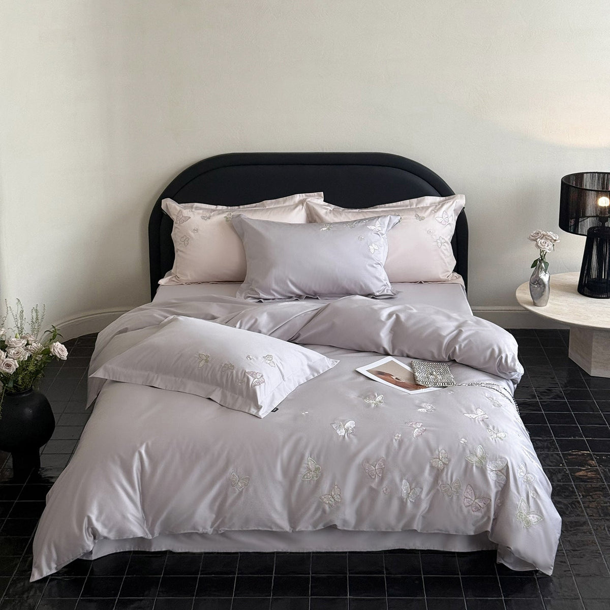 Satin bedding set with fine butterfly embroidery LoungeYard — product view 5