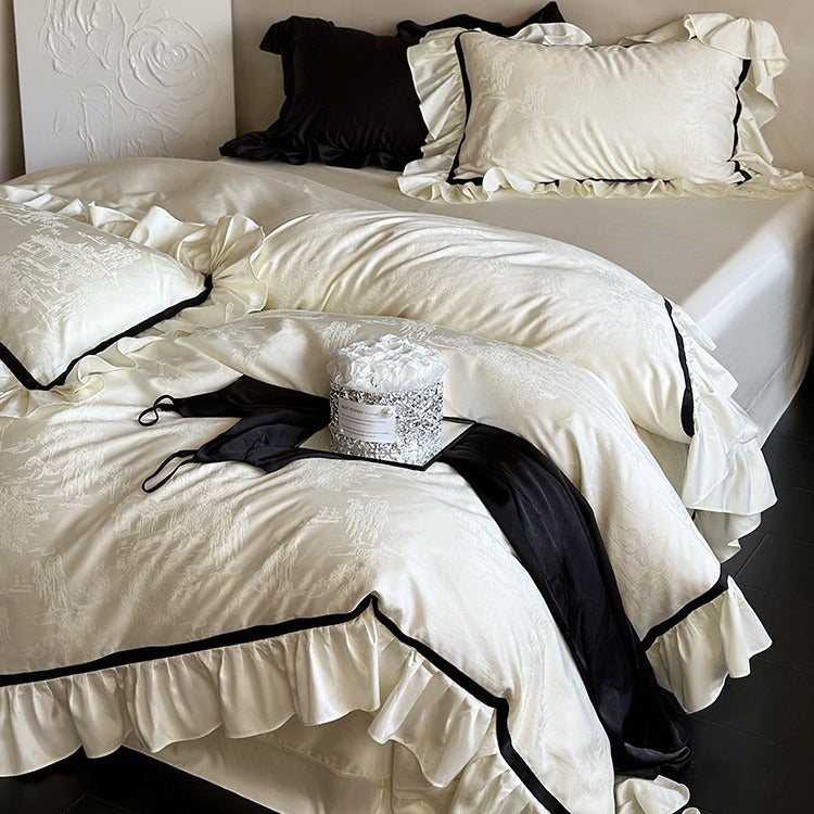 Luxurious cotton satin bedding set with jacquard texture, ruffles, and contrasting piping — product view 1