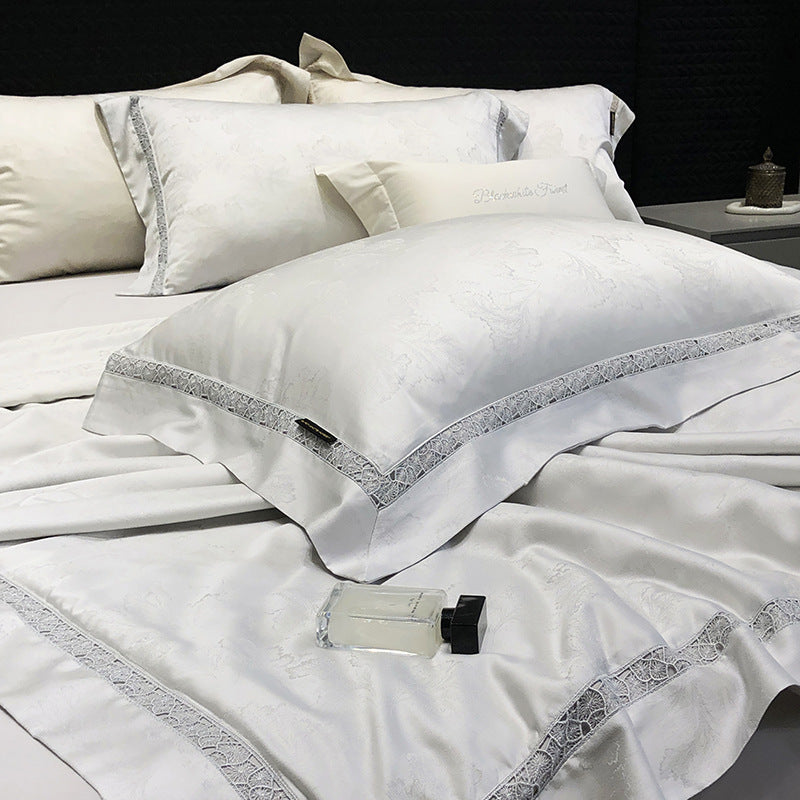 Luxurious satin bedding set with lace trim and fine quilted embellishments — product view 1