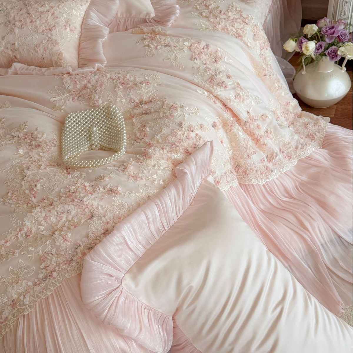 Luxurious romantic bedding set with ruffles, lace appliqué, and 3D floral embroidery — product view 1