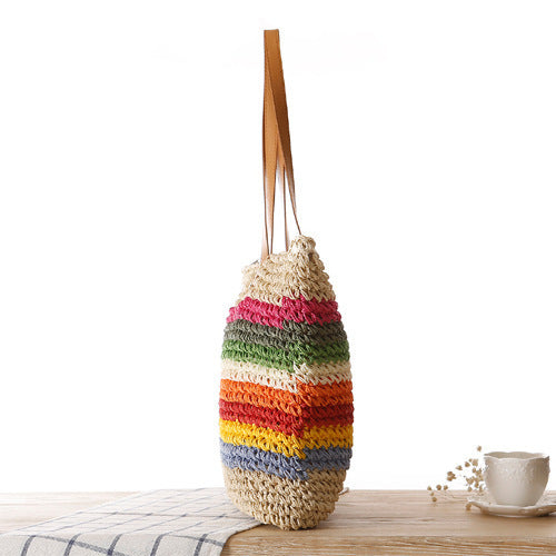 Handwoven raffia tote bag with colorful stripes LoungeYard — product view 3
