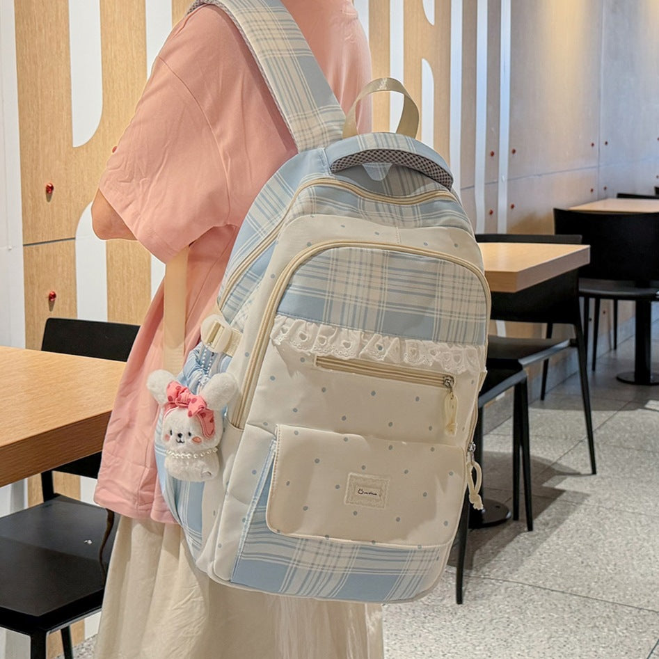 Plaid Patterned School Backpack with Cute Bunny Keychain LoungeYard — product view 1