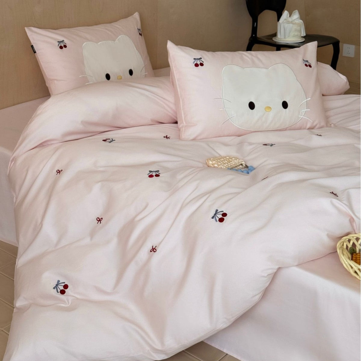 Cute embroidered bedding set with cat applique and cherry motif LoungeYard — product view 1