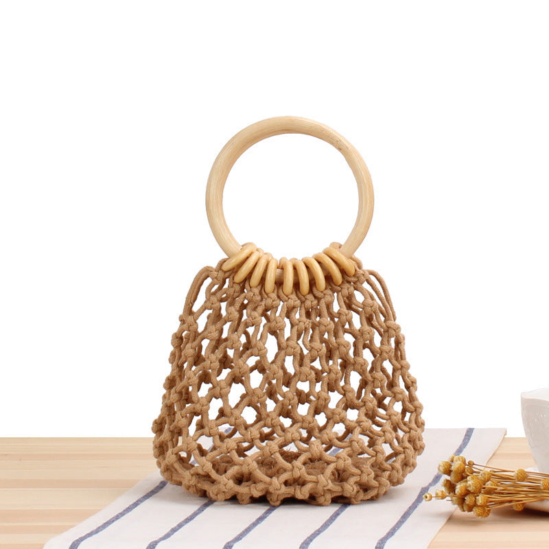 Elegant mesh handbag with wooden handles LoungeYard — product view 4