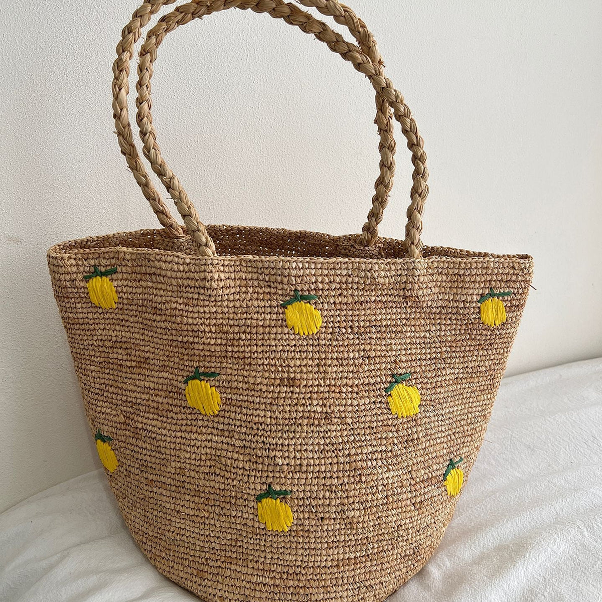 Handmade straw bag with colorful lemon design LoungeYard — product view 3