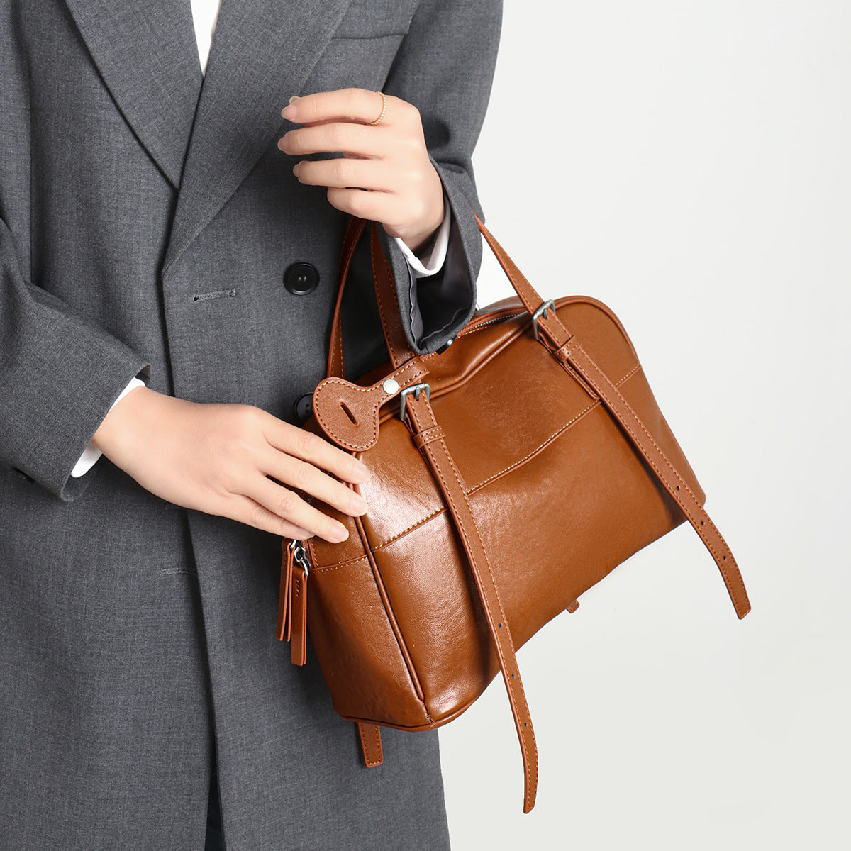 Structured Leatherette Top-Handle Convertible Satchel — product view 6