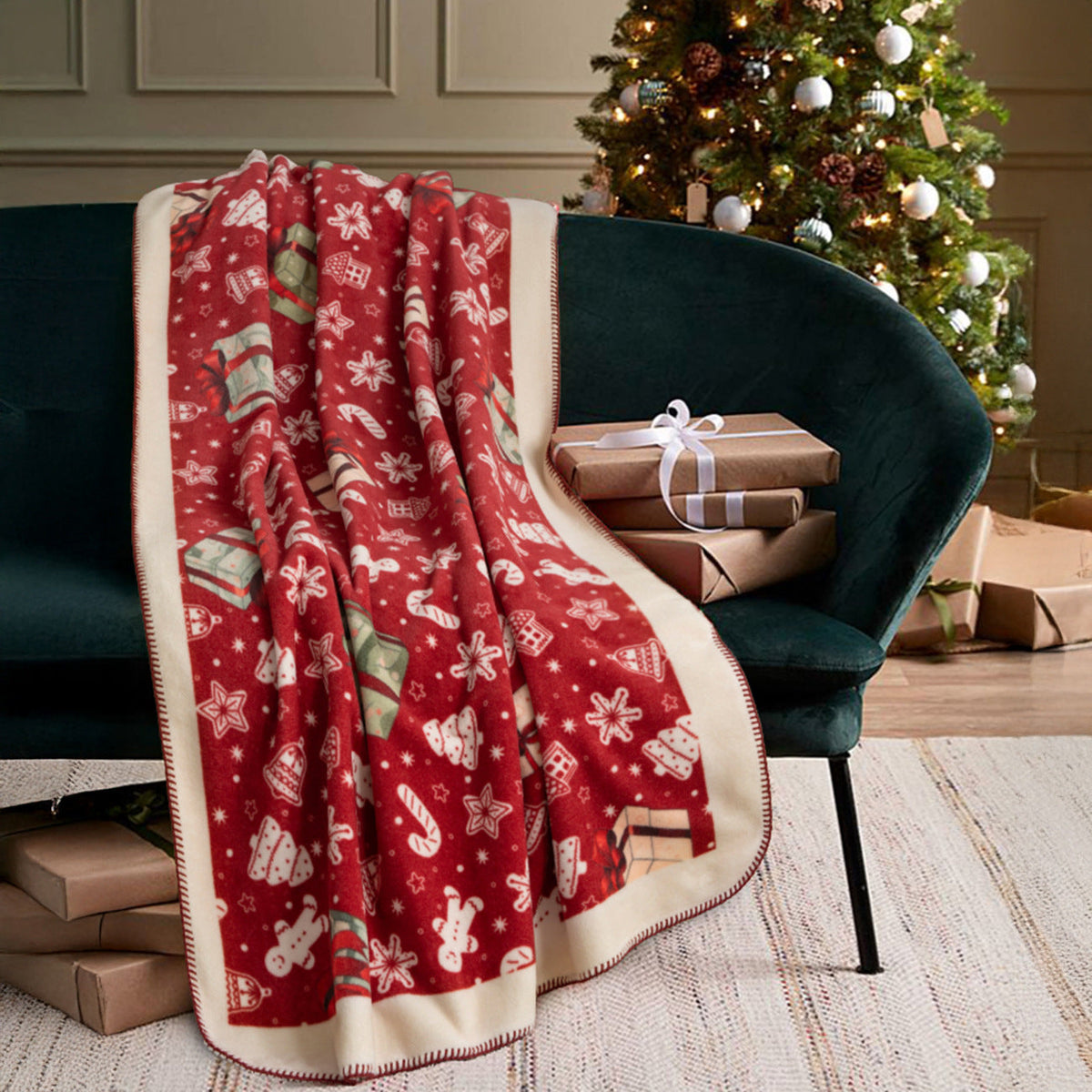 Christmas cuddle blanket with gift and gingerbread pattern — product view 4