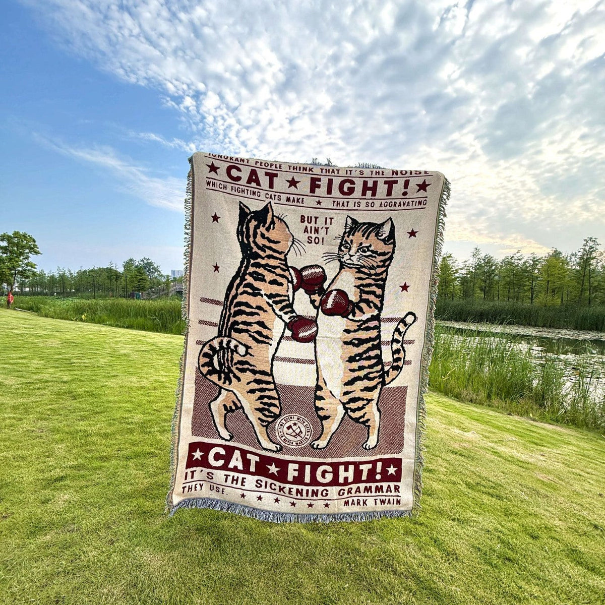 Whimsical Cat-Themed Woven Throw Blanket — product view 2