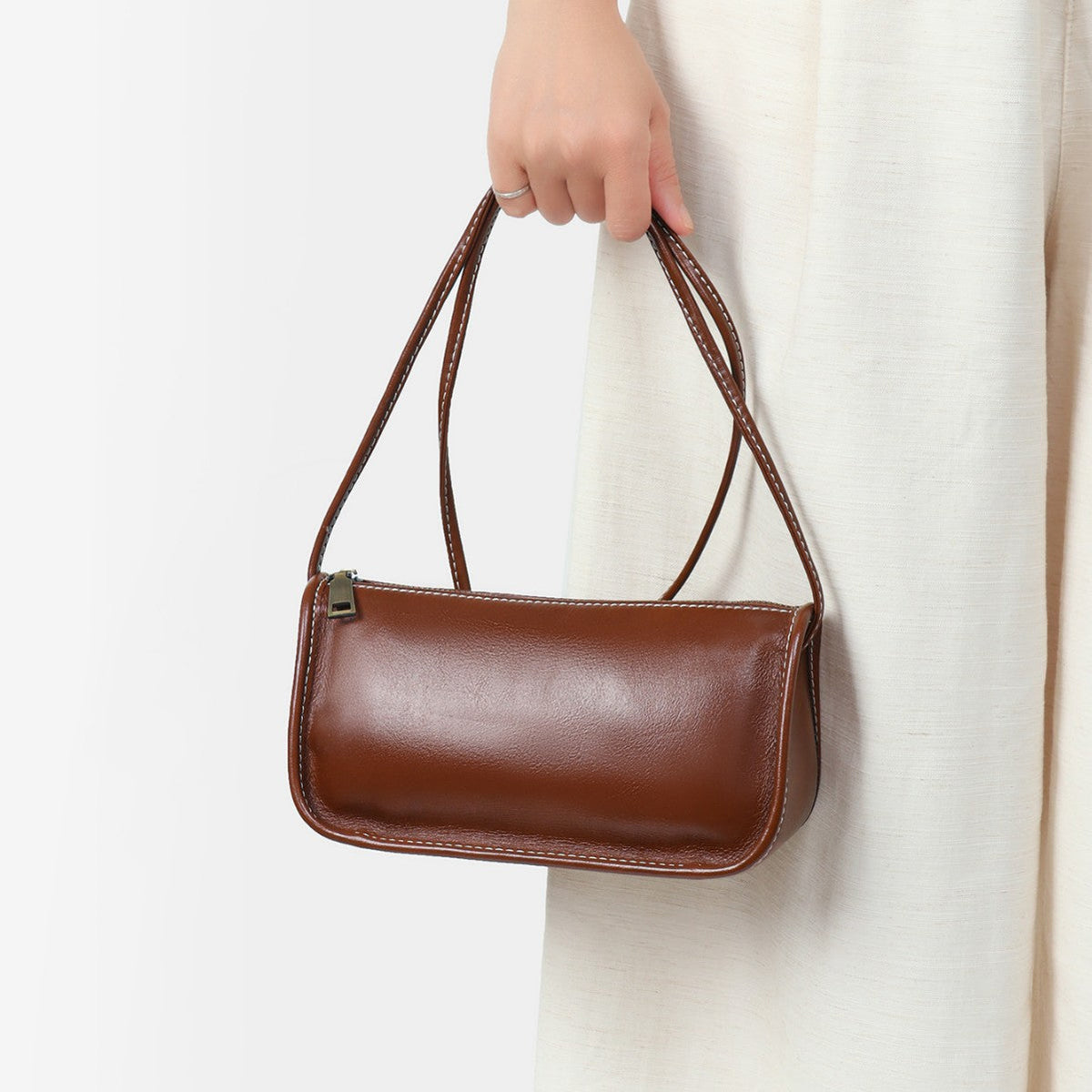 Structured Leather Baguette Shoulder Bag with Top Zip and Double Strap — product view 2