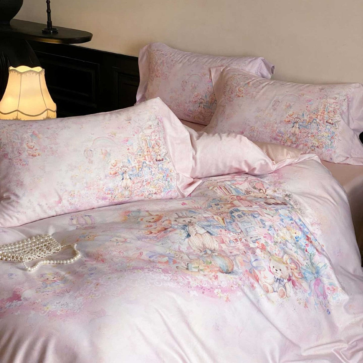 delicate cotton satin bedding set with a fairy-tale watercolor design — product view 3