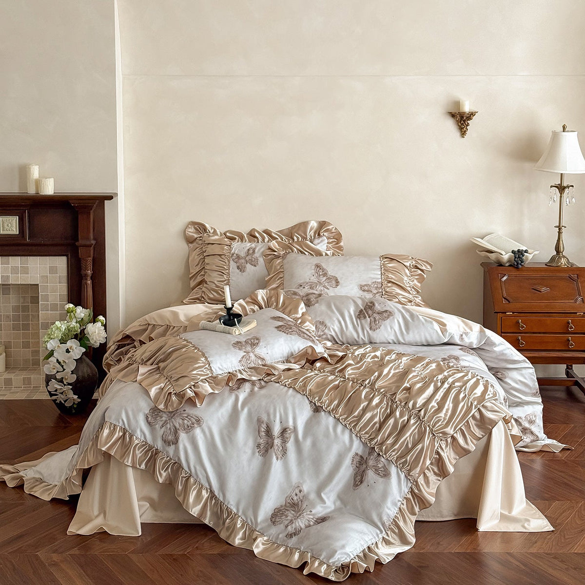 Silky shiny satin bedding set with butterfly pattern and voluminous ruffle frills LoungeYard — product view 7