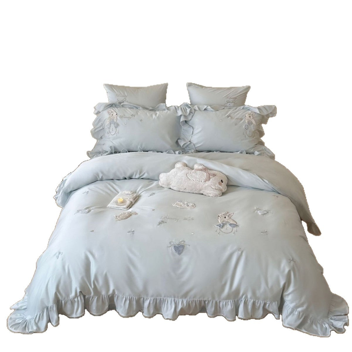 Satin bedding set with ruffles, embroidered bunny appliqués and silky-smooth finish — product view 4