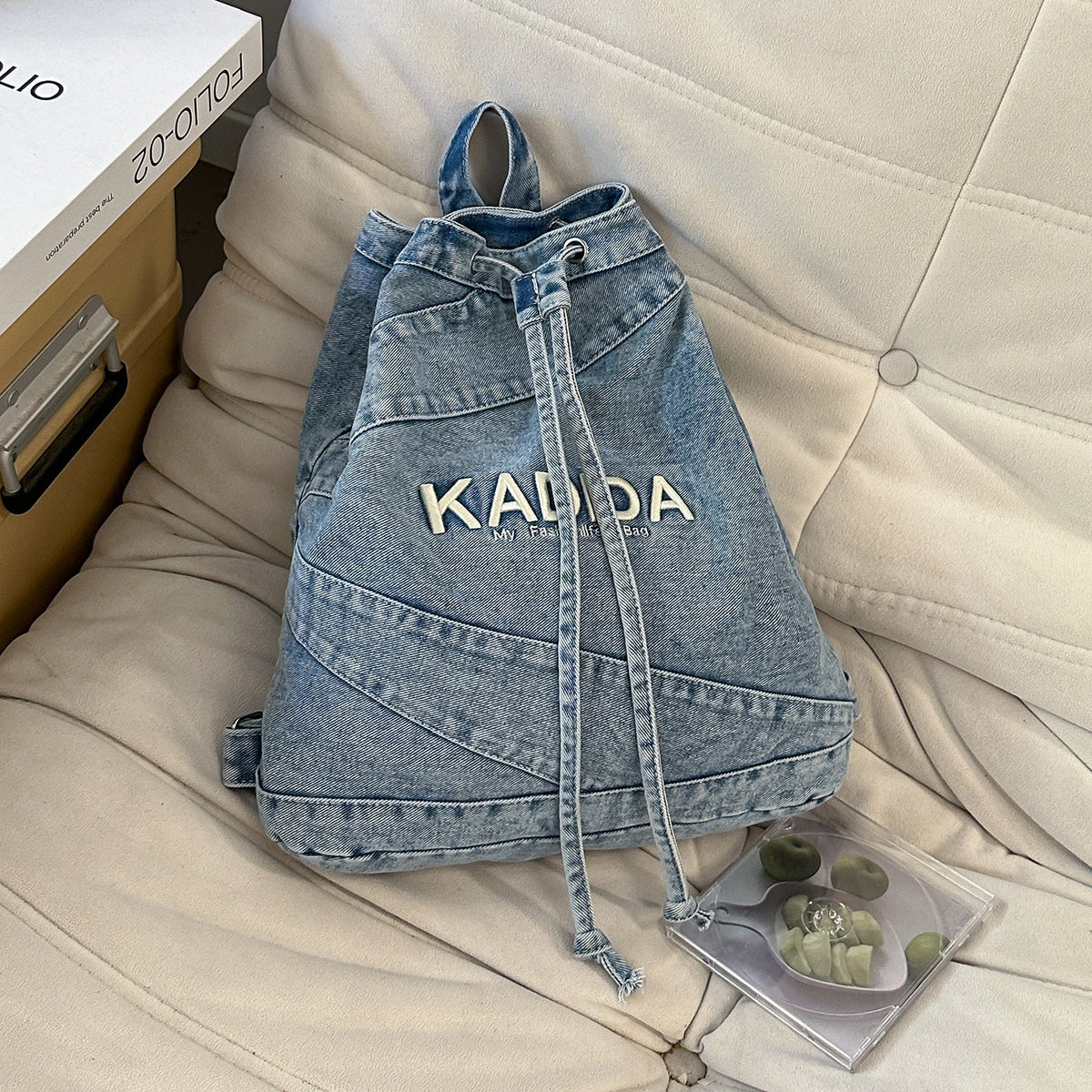 Casual Drawstring Denim Backpack LoungeYard — product view 6