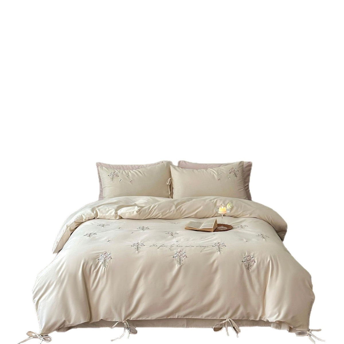 Luxurious satin bedding set with delicate pearl flower embroidery and tie ribbons — product view 5
