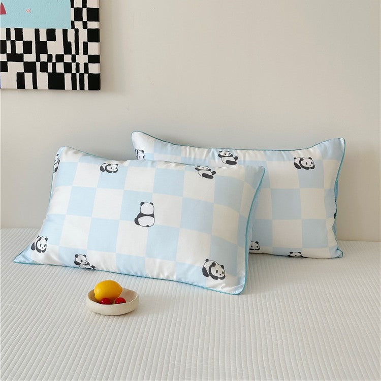 Children's pillowcase set made of cotton satin with panda print and checked design LoungeYard — product view 4