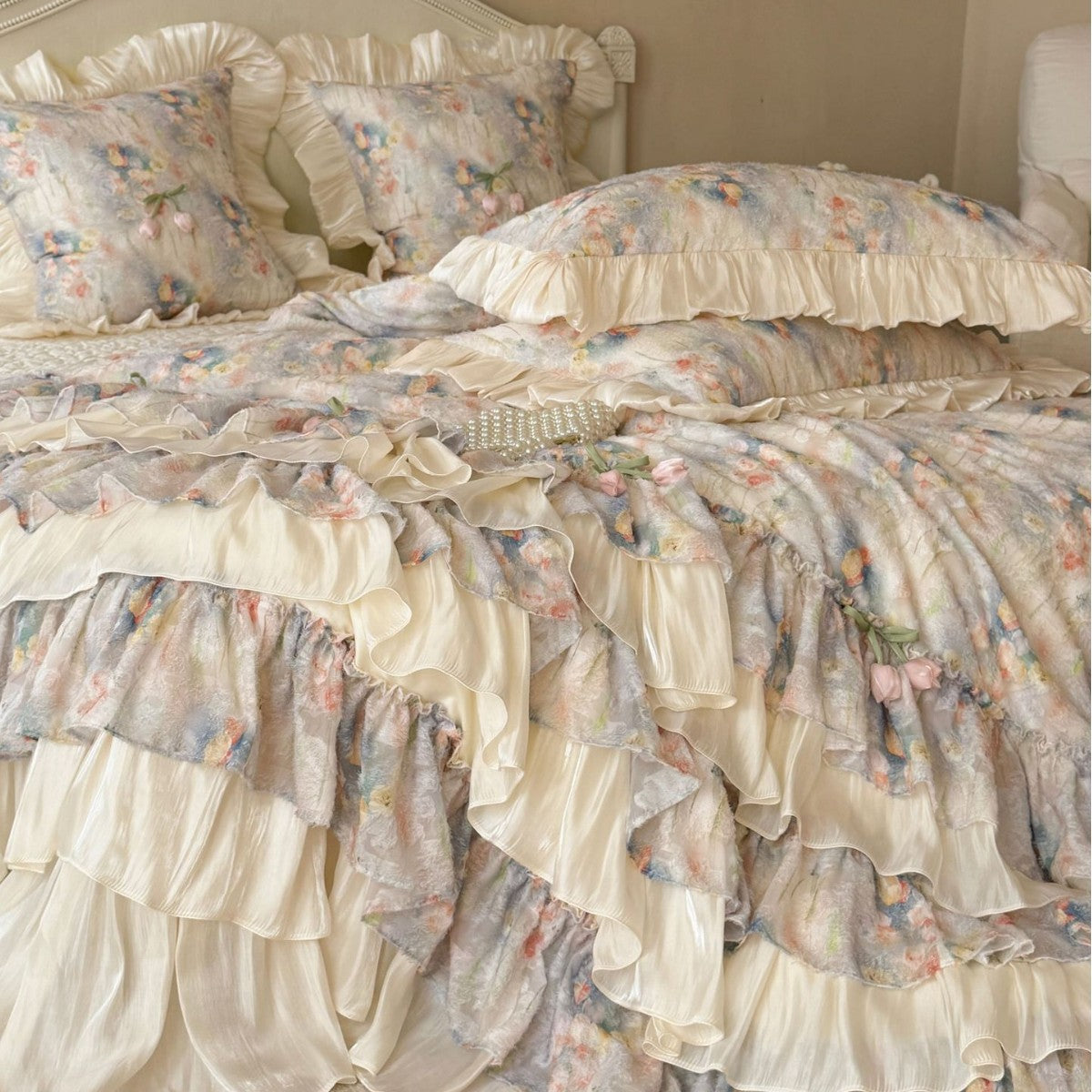 Romantic bedding set with layered ruffle, frills, and delicate watercolor flower print — product view 2