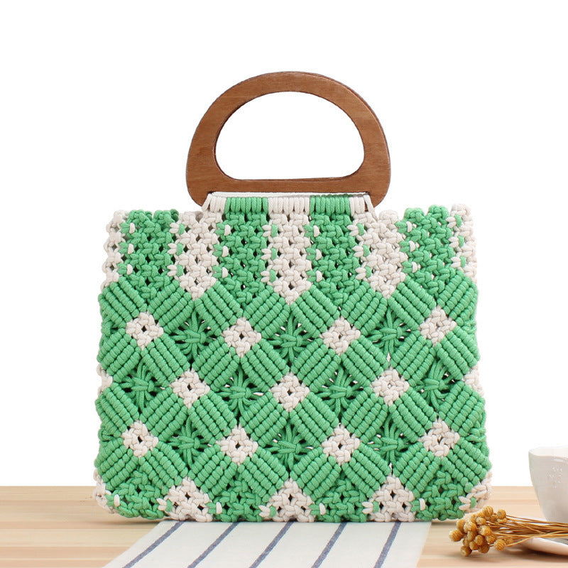 Macrame Tote Bag with Wooden Handles and Floral Details LoungeYard — product view 5