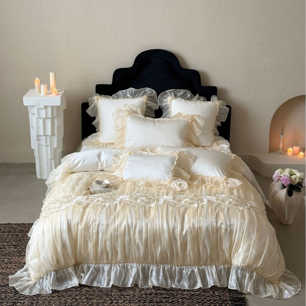 Luxurious satin bedding set with frills and lace trim — product view 7