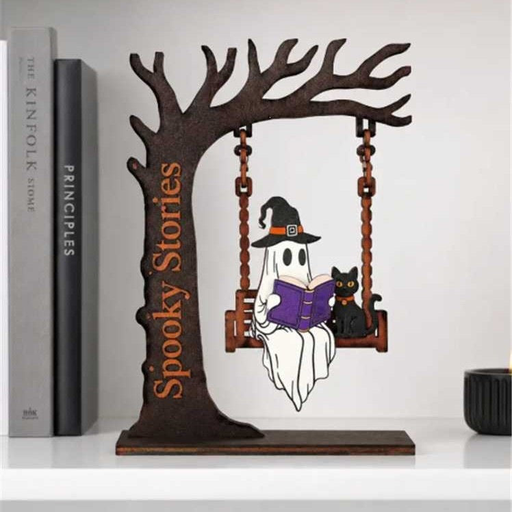 Whimsical Ghost and Cat Hanging Sign Sculpture Bowlift — product view 5