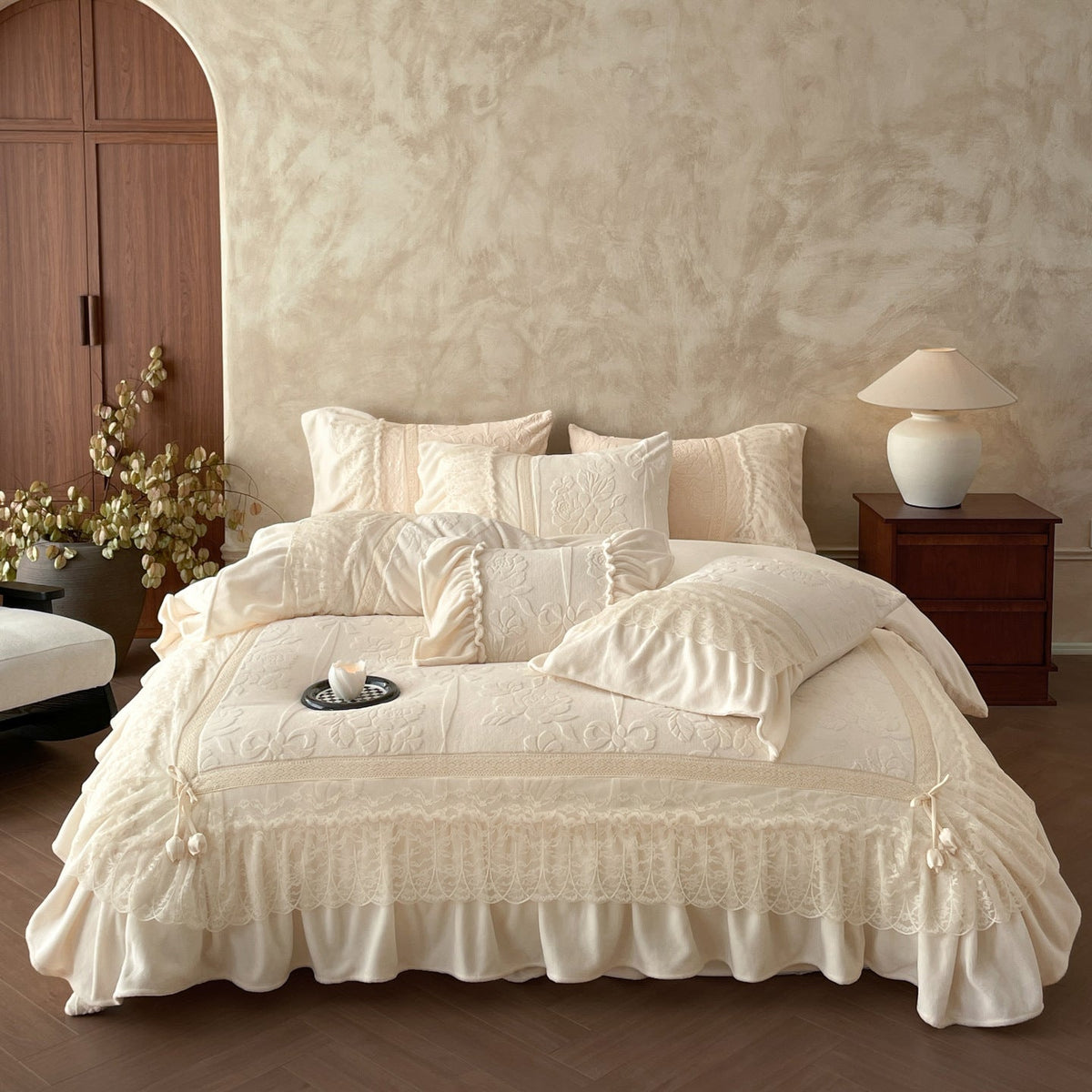 Luxury bedding set with quilted coverlet, lace ruffle, and decorative bed skirt — product view 6