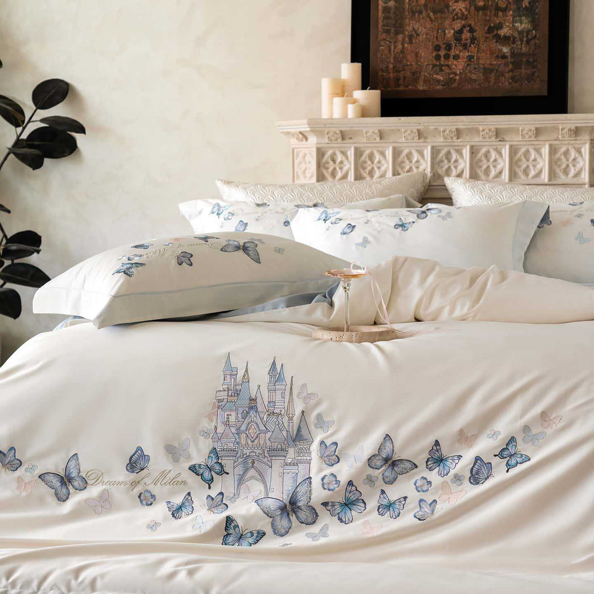 Embroidered cotton satin bedding set with blue butterfly motif — product view 6