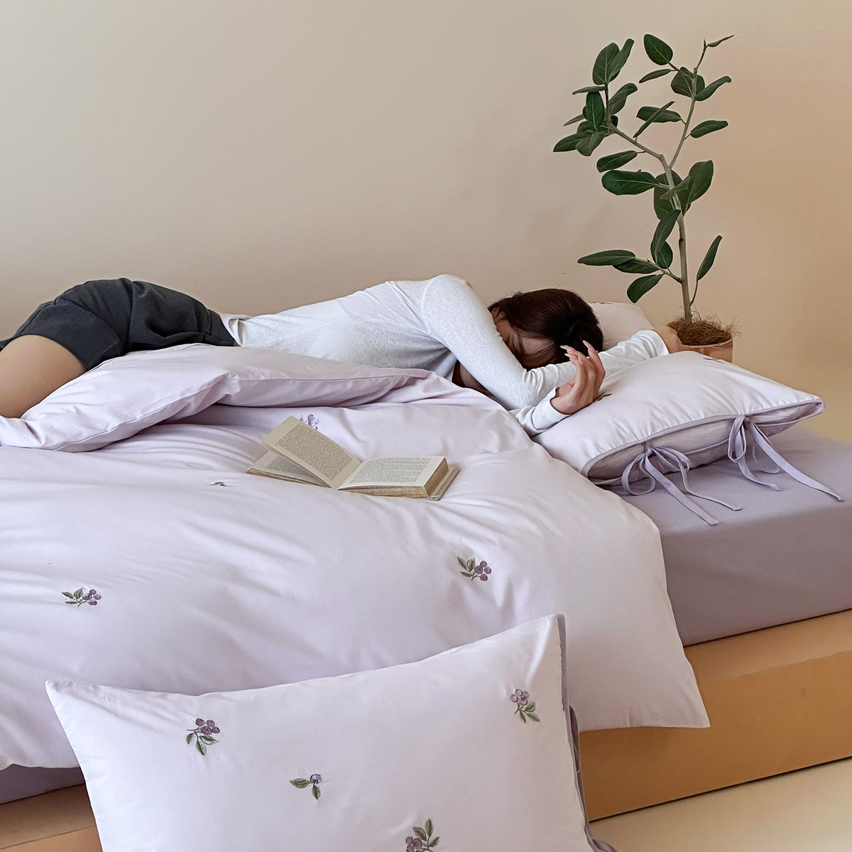Reversible cotton bedding set with fine check pattern, cherry embroidery, and decorative tie ribbons — product view 5
