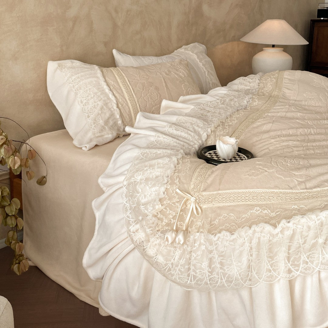 Luxury bedding set with quilted coverlet, lace ruffle, and decorative bed skirt — product view 3