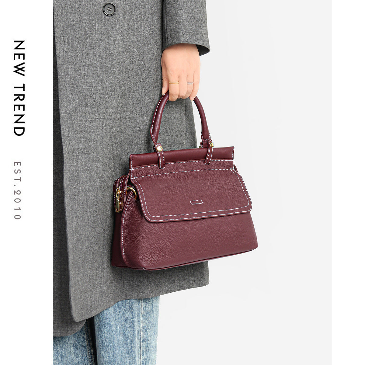 Top-Handle Pebbled Leather Satchel with Contrast Stitching — product view 1
