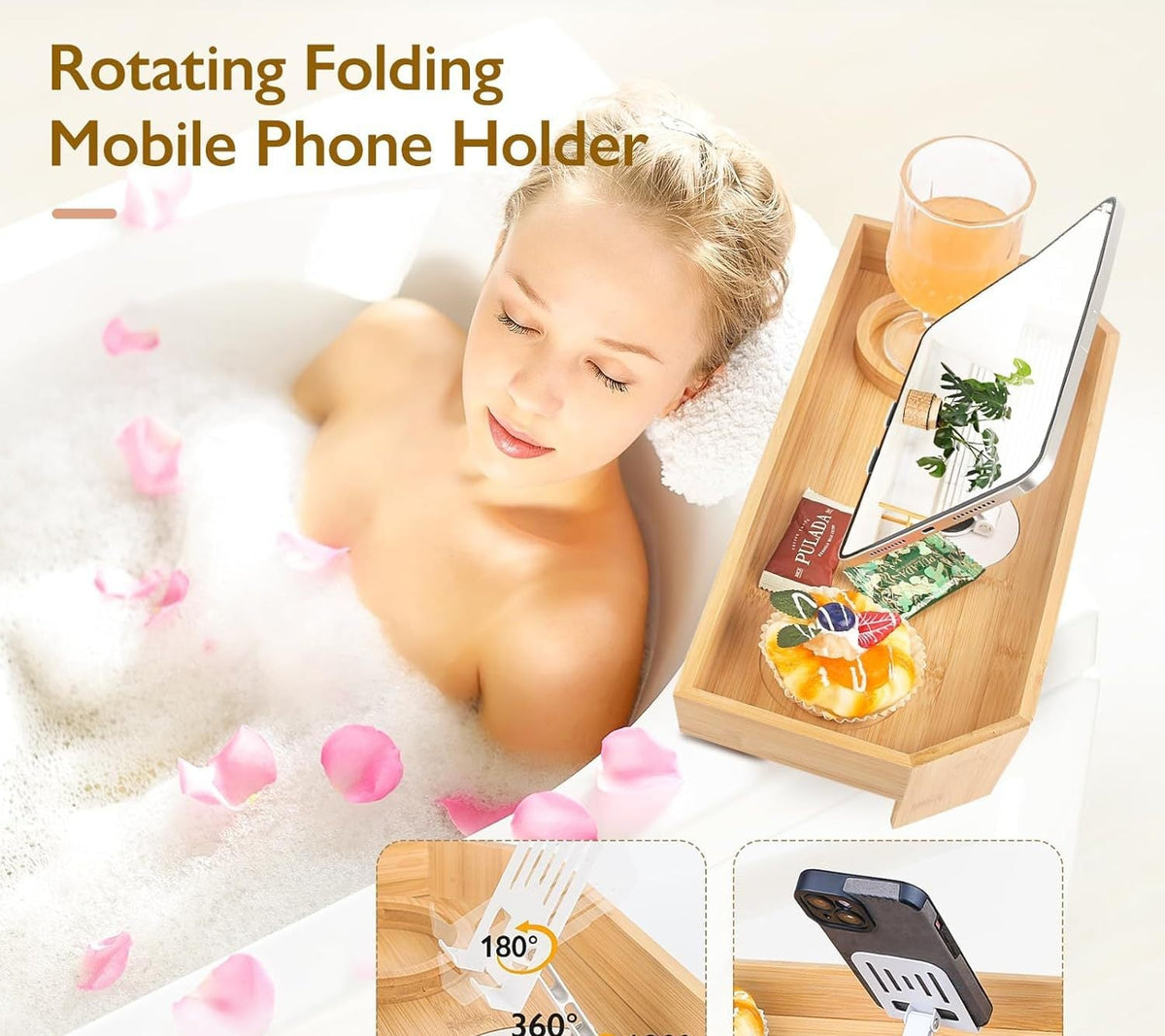 Adjustable Bamboo Bathtub Caddy With Foldable Tablet Stand And Drink Holder LoungeYard — product view 5