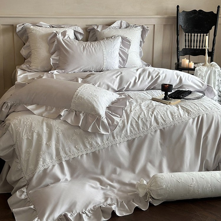 Luxurious satin bedding set with ruffles, lace trim, and fine embroidery — product view 7