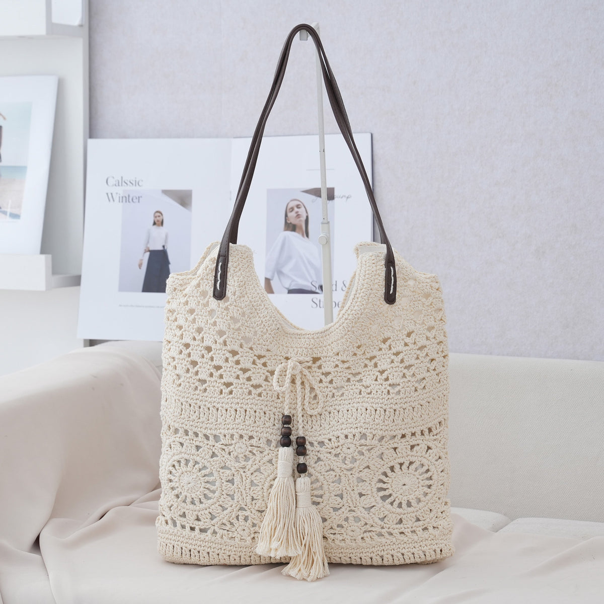Trendy Shoulder Bag with Natural Weave and Leather Accents LoungeYard — product view 4