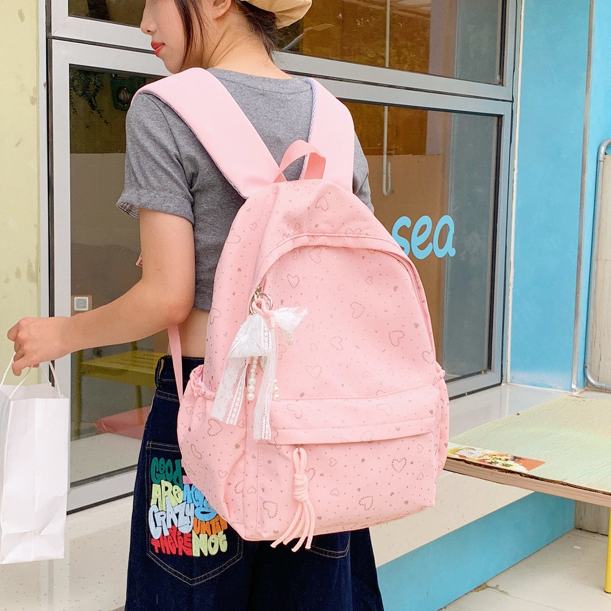 Heart-Patterned School Backpack LoungeYard — product view 3