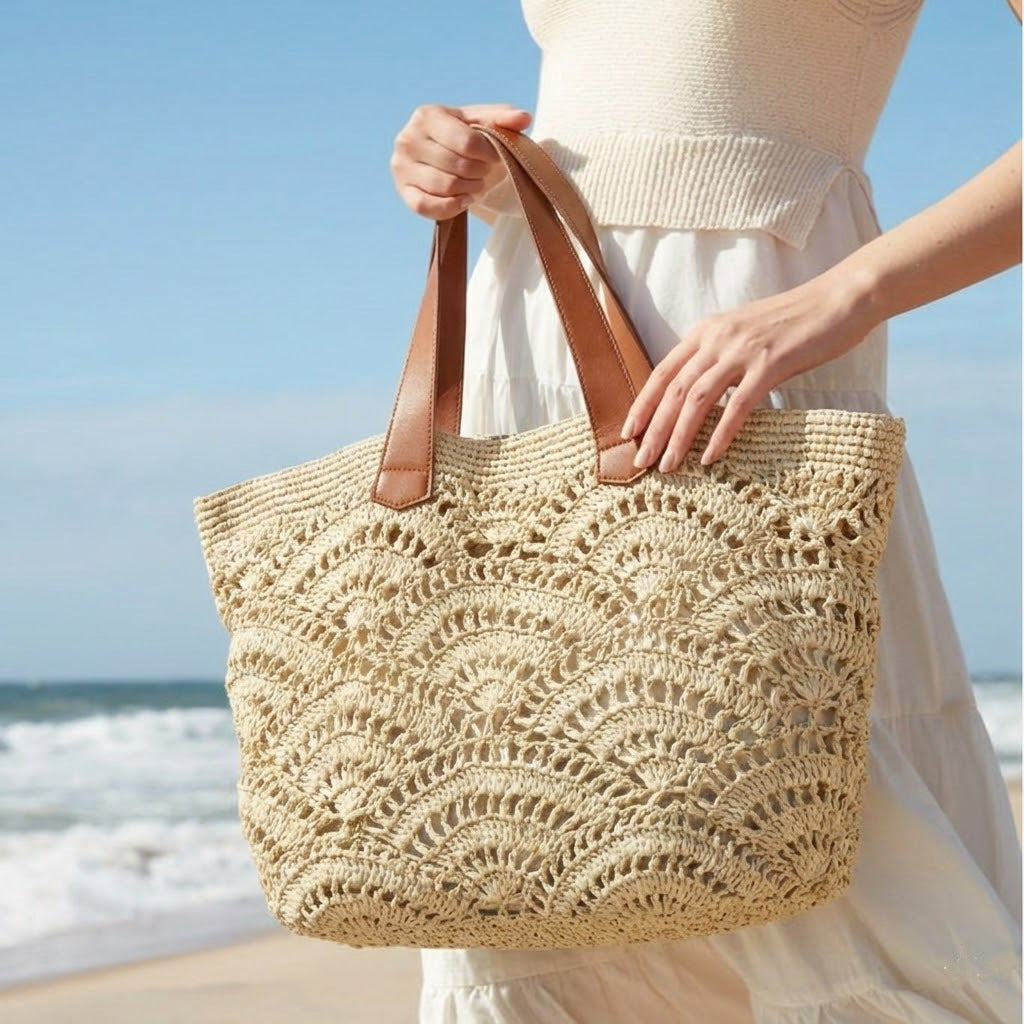 Macrame Shopping Bag with Elegant Leather Handles LoungeYard — product view 1