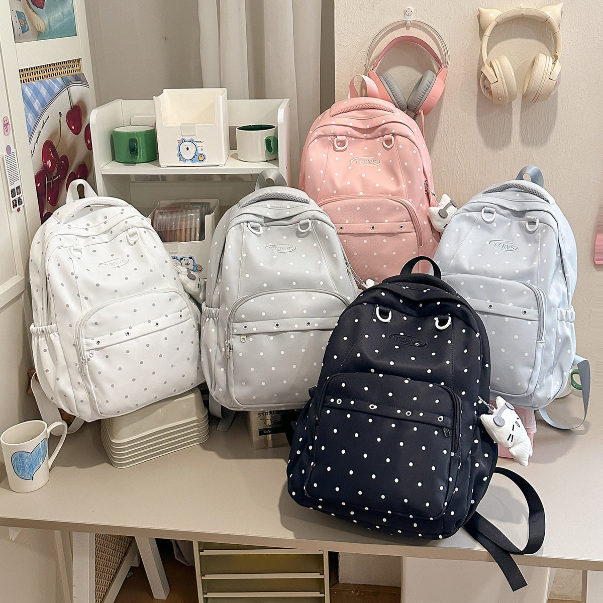 Polka Dot Print Backpack with Accessories LoungeYard — product view 4