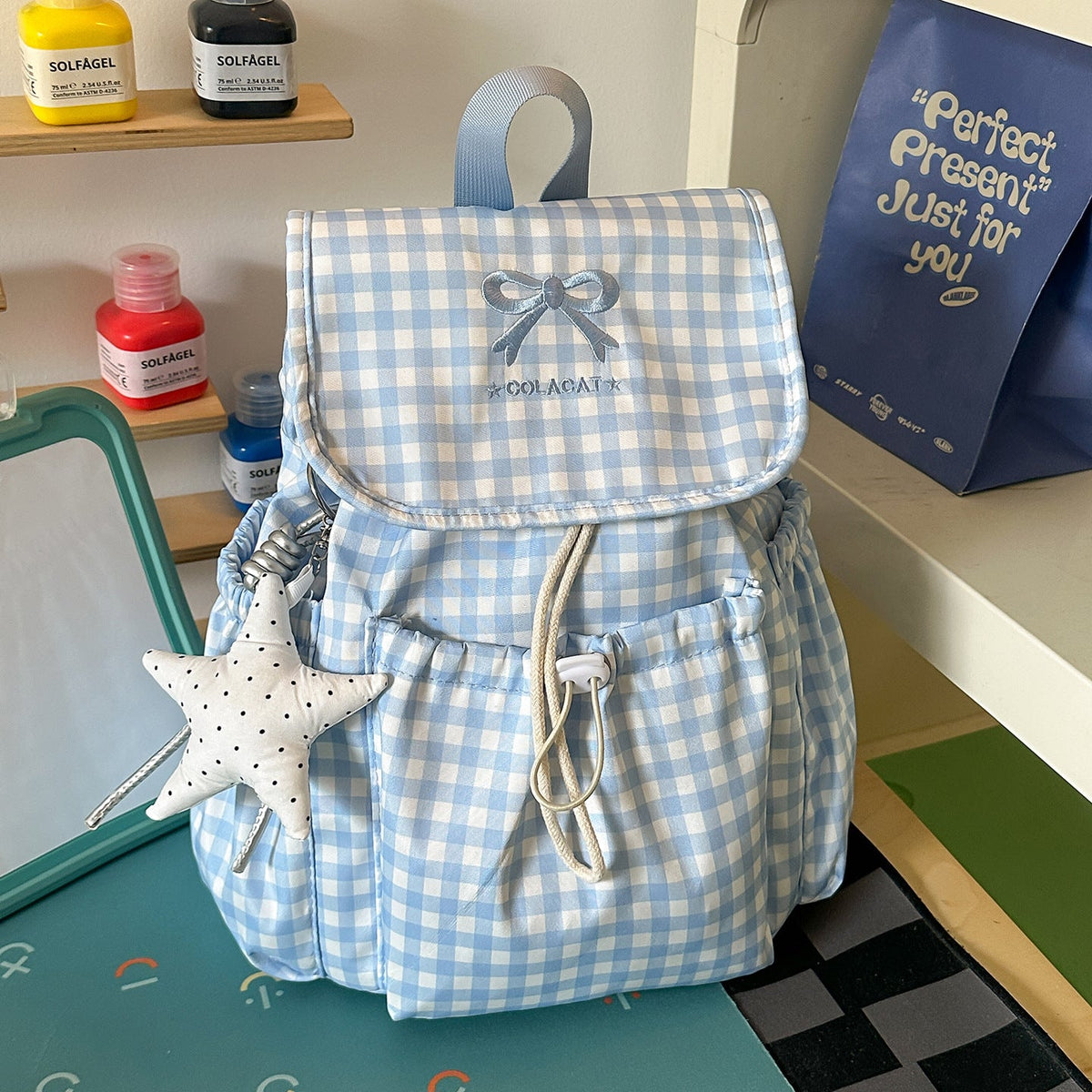 Cute Checked Patterned Drawstring Backpack LoungeYard — product view 7