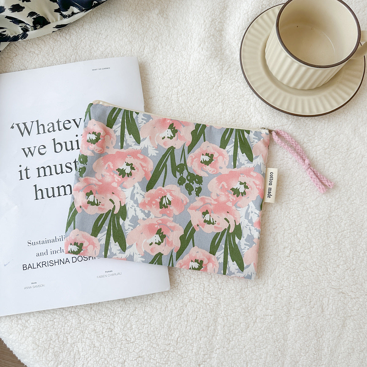 Checked Cotton Zip Pouch with Tassel Accent LoungeYard — product view 7