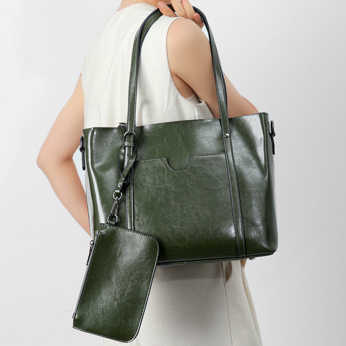 Structured Leather-Effect Tote Bag with Detachable Pouch — product view 3