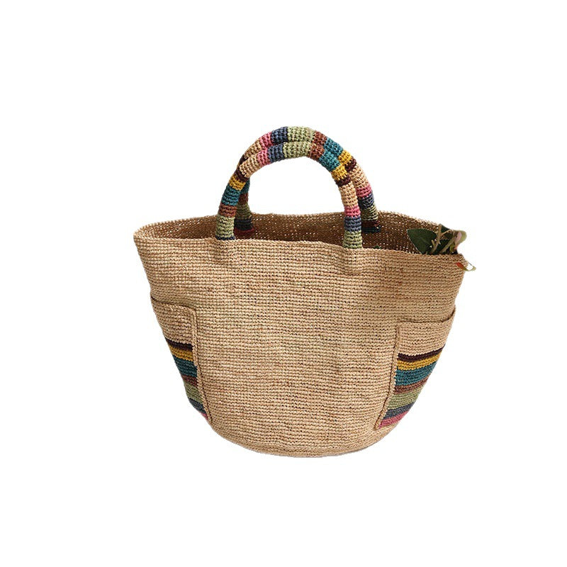 Handcrafted basket bag with colorful stripe accents LoungeYard — product view 5