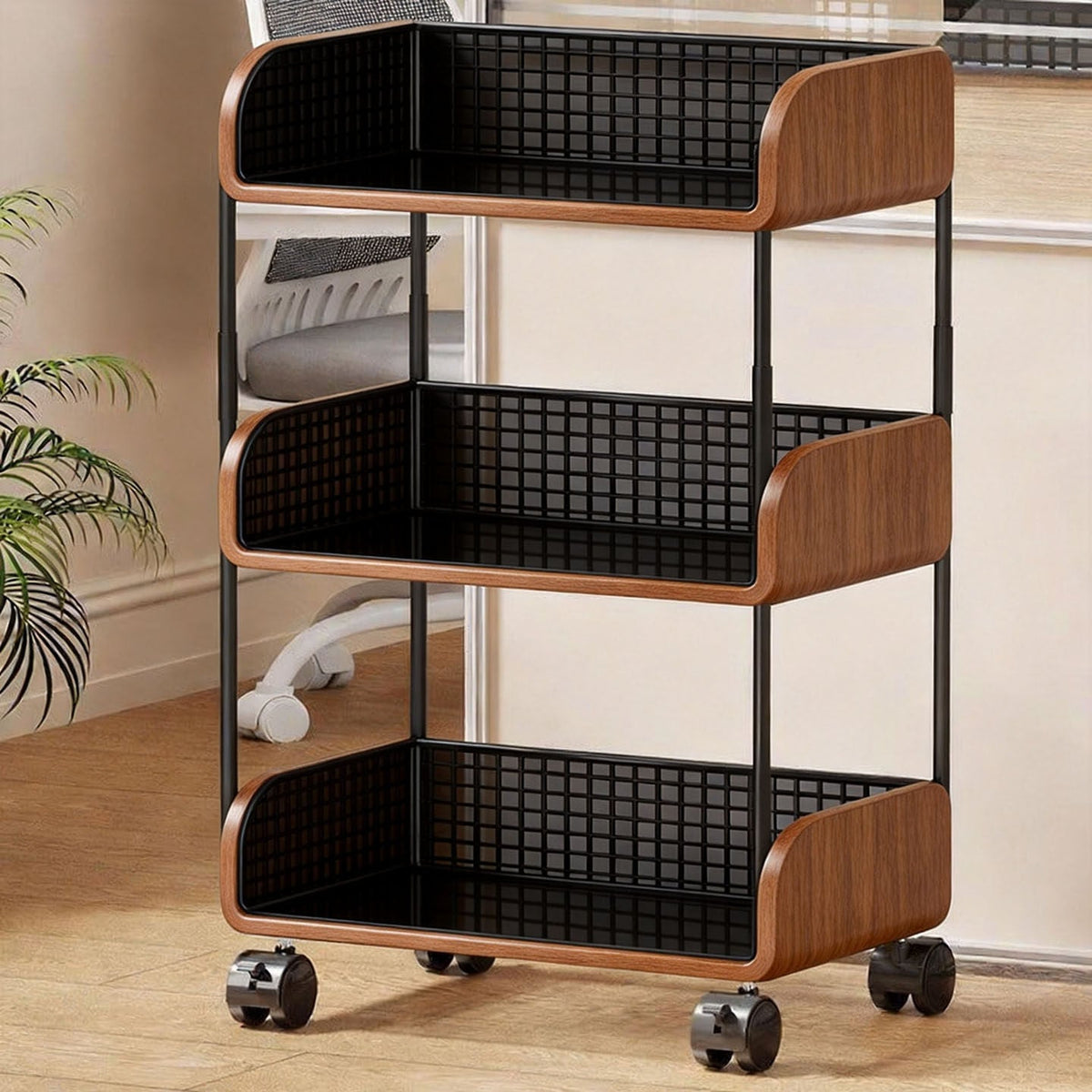 Narrow Vertical Wire-Mesh Utility Cart with Four Deep Basket Shelves and Locking Caster Wheels — product view 1