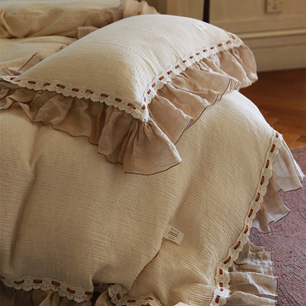 Washed linen duvet cover set with gathered edge and eyelet trim — product view 4