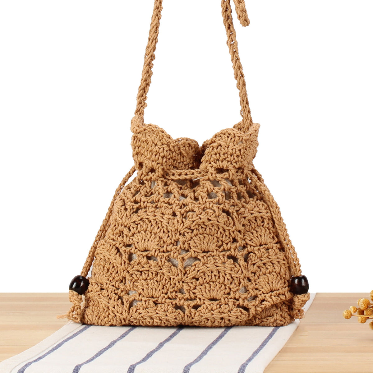Handmade macrame shoulder bag with ruffled trim LoungeYard — product view 6