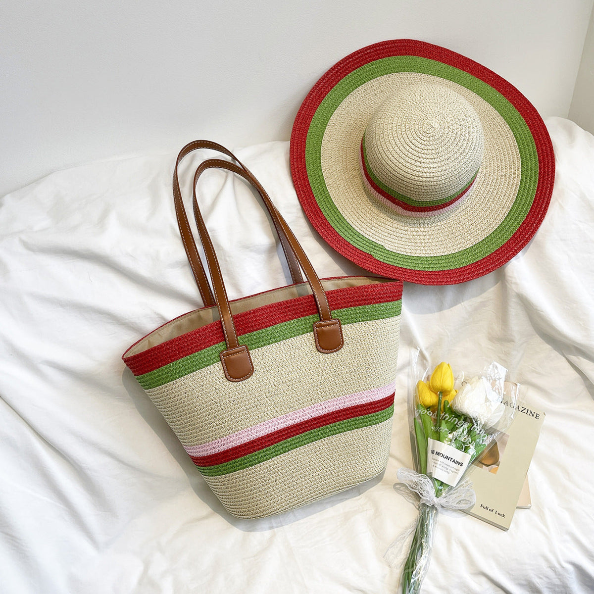 WoColorful Straw Beach Tote Bag LoungeYard — product view 6