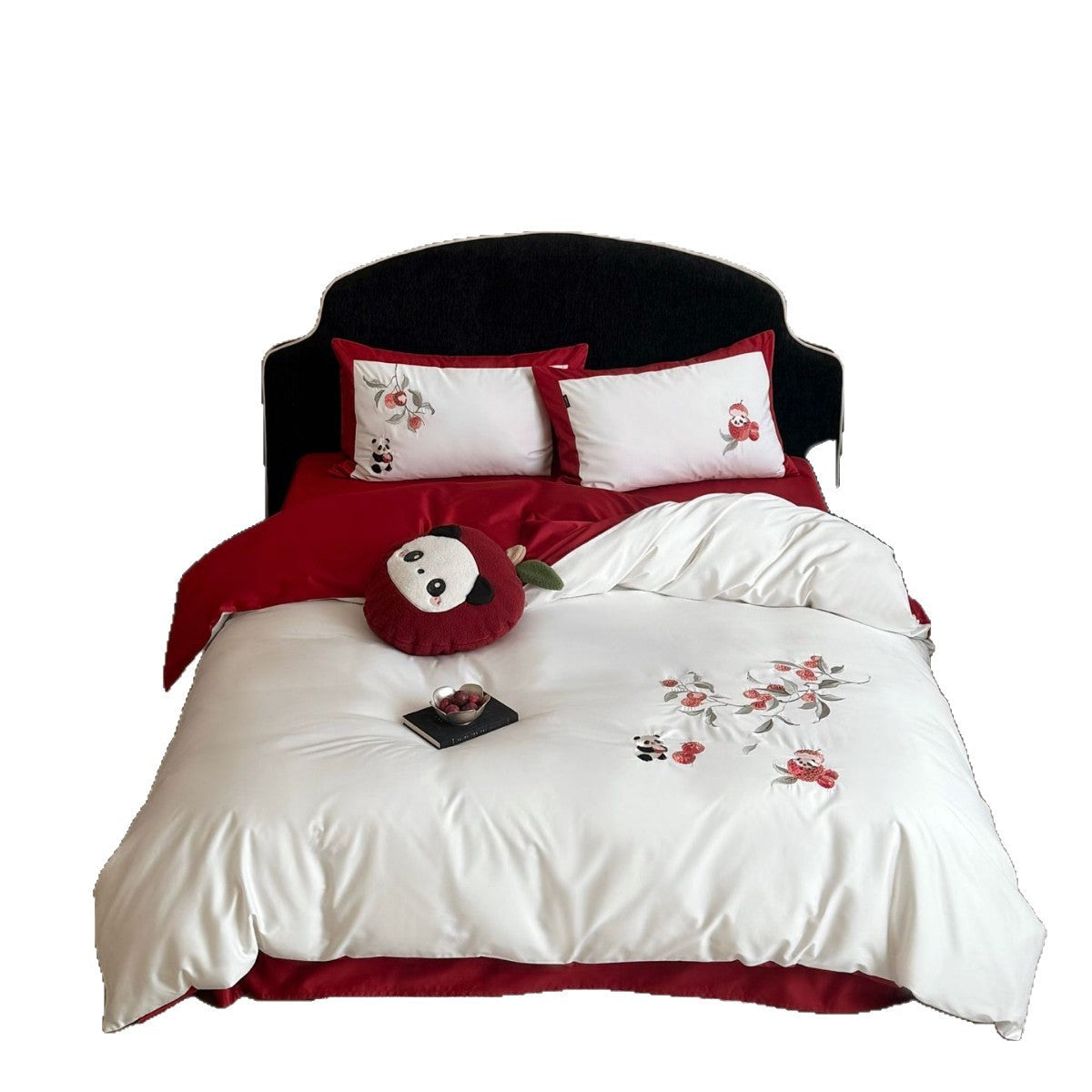Embroidered cotton satin bed linen set with floral apple and panda appliqué LoungeYard — product view 5
