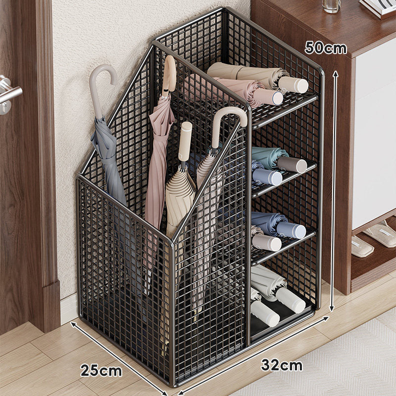 Metal Mesh Entryway Umbrella Stand with Vertical Compartments and Multi-Tier Rolled-Umbrella Shelves — product view 2