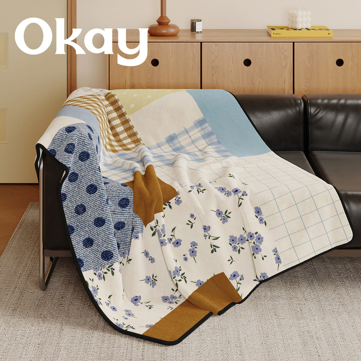 Reversible Patchwork Plush Throw Blanket with Mixed Plaid Stripes and Floral Panels — product view 2